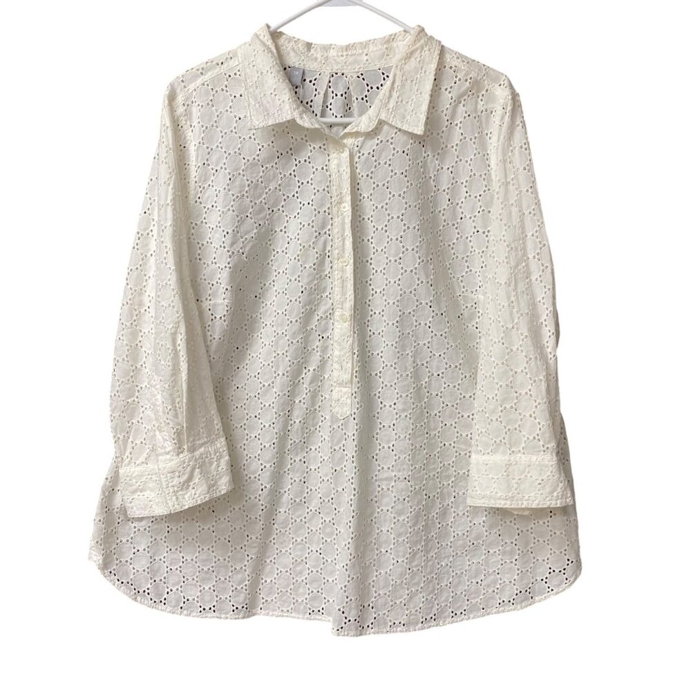 JCP Womens Eyelet Button-Down‎ Shirt White Cotton Top  3/4 Sleeves 2X NWT